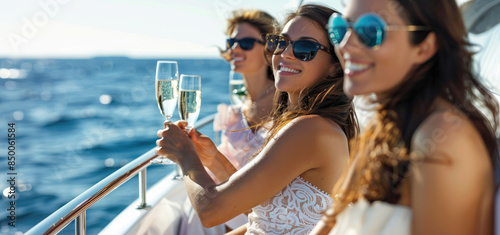 beautiful women in their thirties, smiling and holding champagne glasses on yacht deck with friends during sunset