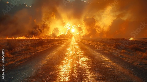 Heatwave creating mirages on an empty highway, intense heat shimmering off the pavement, clear road for text Heatwave impact, extreme heat, shimmering mirages, summer disaster