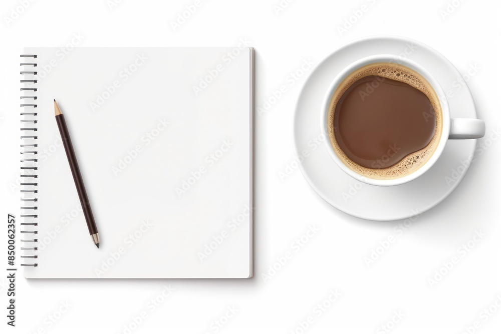 Top view Cup of coffee and notepad on white background. Top view Cup of coffee and notepad on white background.