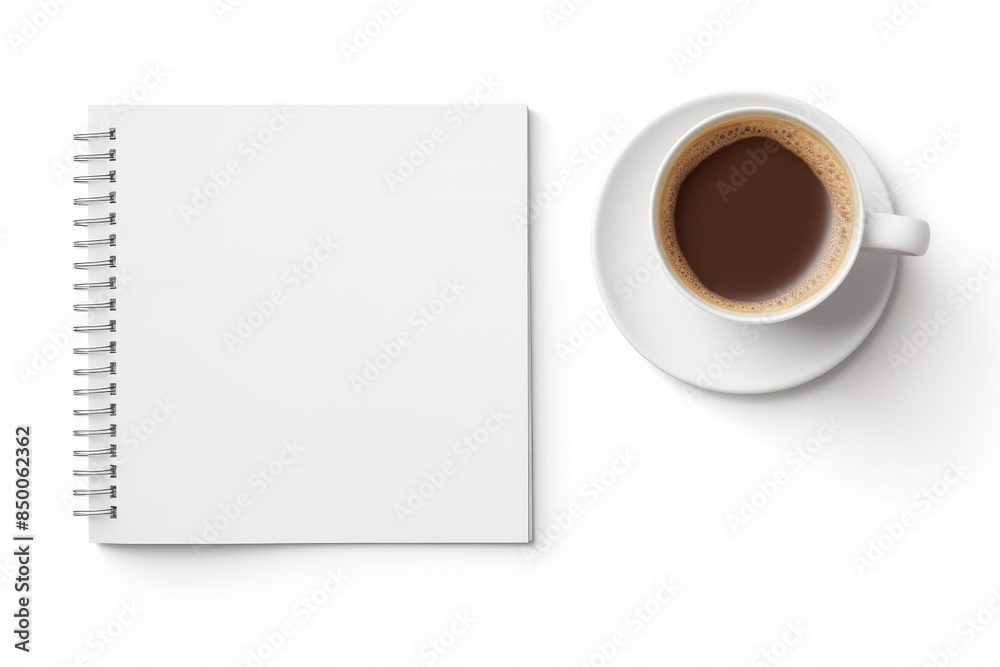 Top view Cup of coffee and notepad on white background. Top view Cup of coffee and notepad on white background.