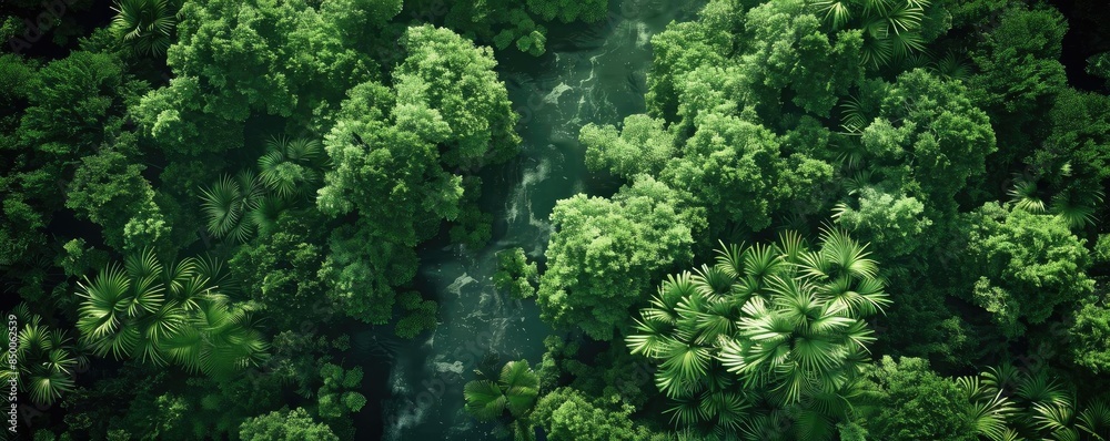 Aerial view of lush dense tropical rainforest with various shades of green foliage, creating a natural and serene landscape scene. Aerial view of lush dense tropical rainforest with various shades of green foliage, creating a natural and serene landscape scene.