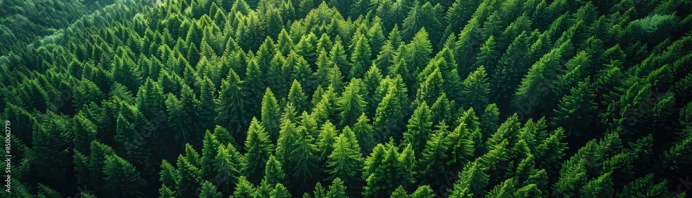 Obraz premium Aerial view of lush green forest with dense trees and vibrant foliage, showcasing the beauty of nature and tranquility of the wilderness.