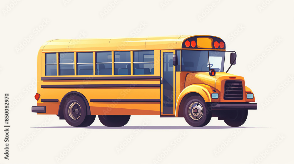 A happy school bus, transportation element, cute cartoon illustration, bright, isolated on white background