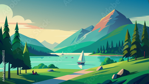 Summer vibe illustration with green mountain and lake 