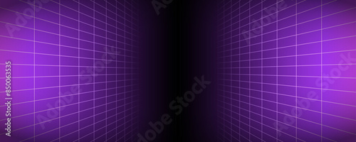 Purple glowing neon wireframe background. Shining checkered vertical grid planes in perspective. Retro futuristic depth wallpaper. Arcade game sci fi matrix surface backdrop for poster, banner. Vector