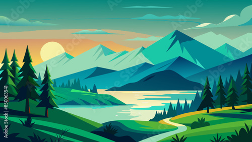 Summer vibe illustration with green mountain and lake 