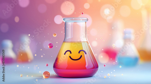 A smiling science beaker with bokeh background, education element