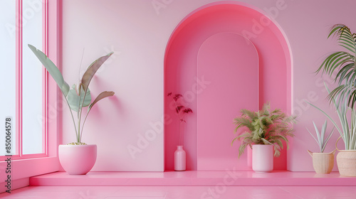 Beautiful background with pink walls and floor A place for a product advertising