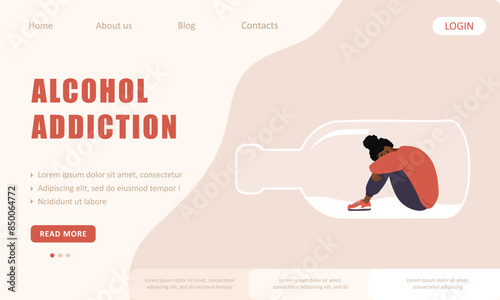 Alcohol addiction. Landing page template. Depressed african Woman sitting on bottom of bottle and hugging her knees. Vector illustration in flat cartoon style.