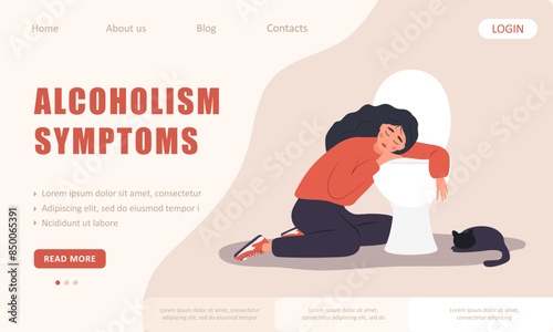 Alcoholism symptoms. Landing page template. Sad woman sitting on floor leaning on toilet and feeling nausea from booze. Vector illustration in flat cartoon style.