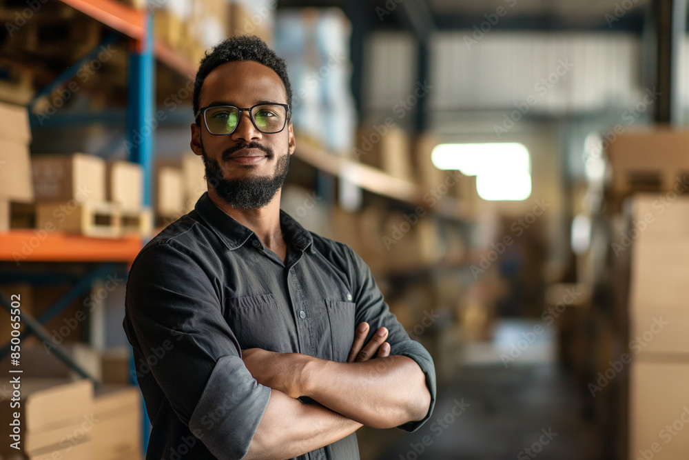 A confident man with glasses stands with arms crossed in a warehouse. Surrounded by boxes and shelves, his poised stance and clear gaze reflect leadership and efficiency A confident man with glasses stands with arms crossed in a warehouse. Surrounded by boxes and shelves, his poised stance and clear gaze reflect leadership and efficiency