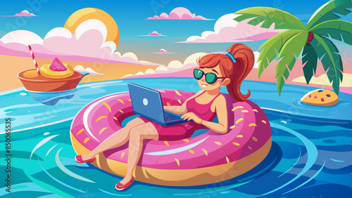 Independent woman in sunglasses floating on a big inflatable pink donut with a laptop in the sea. Rest Lifestyle Concept vector illustration © Sumondesigner_42