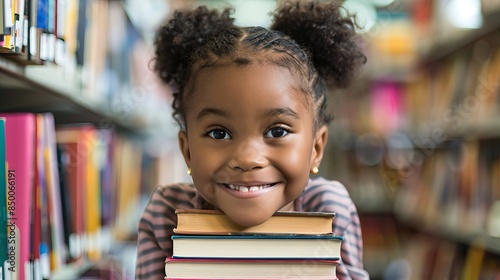 Cute young girl stacked with books at a library, represents learning and education - ideal for abstract, background best-seller wallpaper imagery