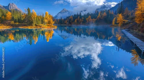Stunning autumn landscape with a clear lake reflecting colorful trees and majestic snow-capped mountains under a crisp blue sky.
