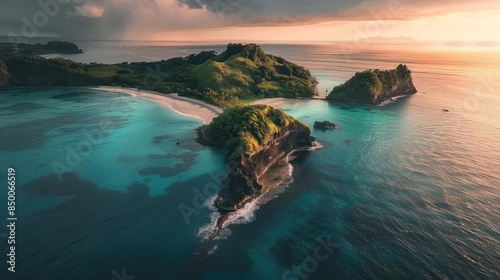 A captivating aerial view of a tropical island surrounded by clear blue water at sunset, exhibiting lush greenery and dramatic coastline.