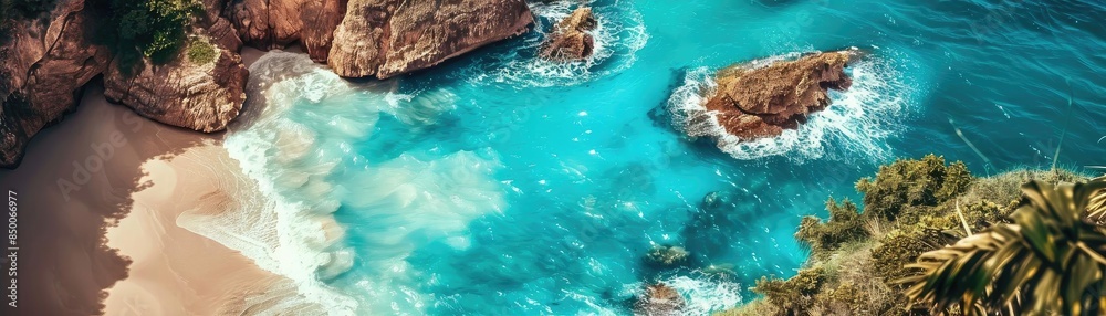 Stunning aerial view of a tropical beach with turquoise waters, rocky cliffs, and lush greenery under a bright, sunny sky. Stunning aerial view of a tropical beach with turquoise waters, rocky cliffs, and lush greenery under a bright, sunny sky.