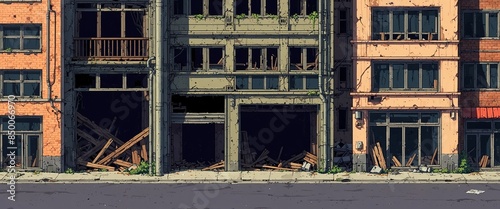 Pixel artwork illustration of destroyed city street ruins with demolished buildings 16 bit game level design. photo