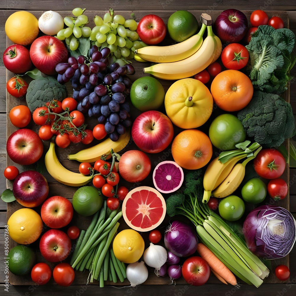 Colorful vegetables and fruits vegan food in rainbow colors arrangement full frame Colorful vegetables and fruits vegan food in rainbow colors arrangement full frame