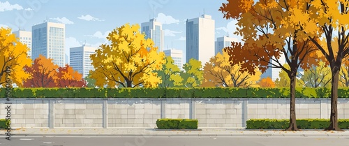 2D urban skyline with hedge fence, yellow trees and bushes, skyscrapers separated layers for animation Modern illustration of stone gates in autumn city park.
