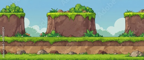 2D game background with dirt paths and grassy mounds for platformers 2d style.