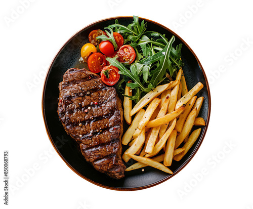 Grilled sliced beef steak with French fries and tomatoes on white plate