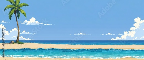2d pixel art of beach, palm tree on the beach, blue sky , game art, 16 bits, 32 bits.