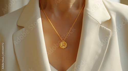 Close-up of a woman's neckline with a gold necklace and pendant, wearing a light grey shirt.
