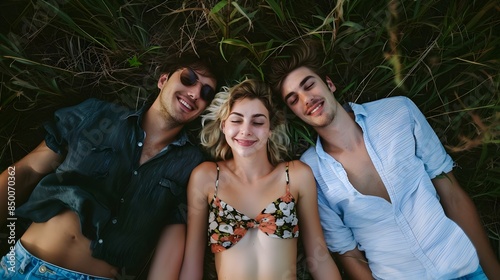 One Woman With Two Boyfriends Smiling Laying Down Together In Polyamorous Relationship photo