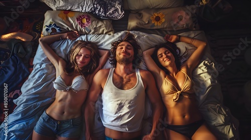 One Man With Two Women Girlfriends In A Polyamorous Relationship Smiling Relaxing In Bed Together