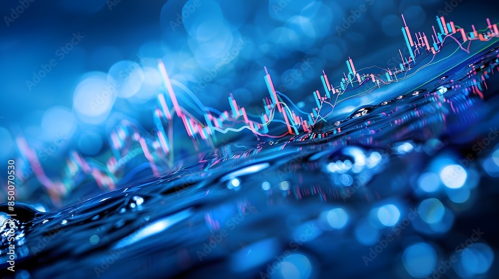 Stock market finance trend charts running through water background symbolizing using it as an investment Stock market finance trend charts running through water background symbolizing using it as an investment
