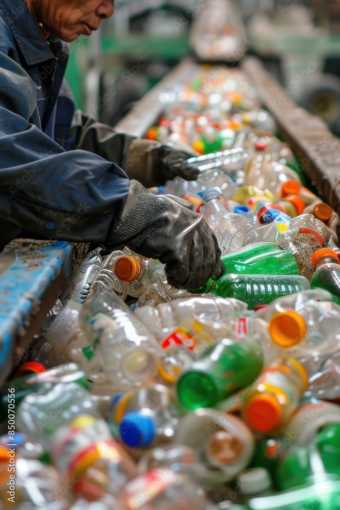 Two people are sorting through a pile of plastic bottles. The bottles are of different sizes and colors. The workers are wearing gloves and seem to be focused on their task