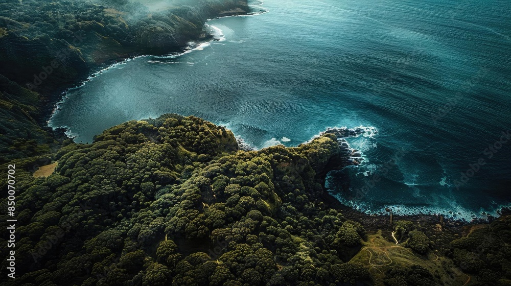Stunning aerial view of a lush coastline with forested cliffs and serene blue ocean. Majestic seascape perfect for nature and travel photography.