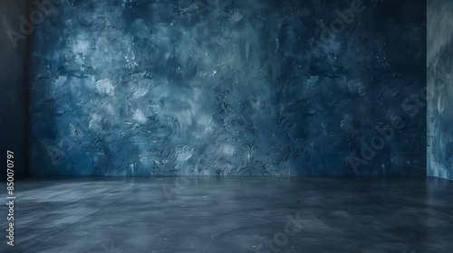 Dark blue wall in an empty room with a concrete floor © Mumtaj