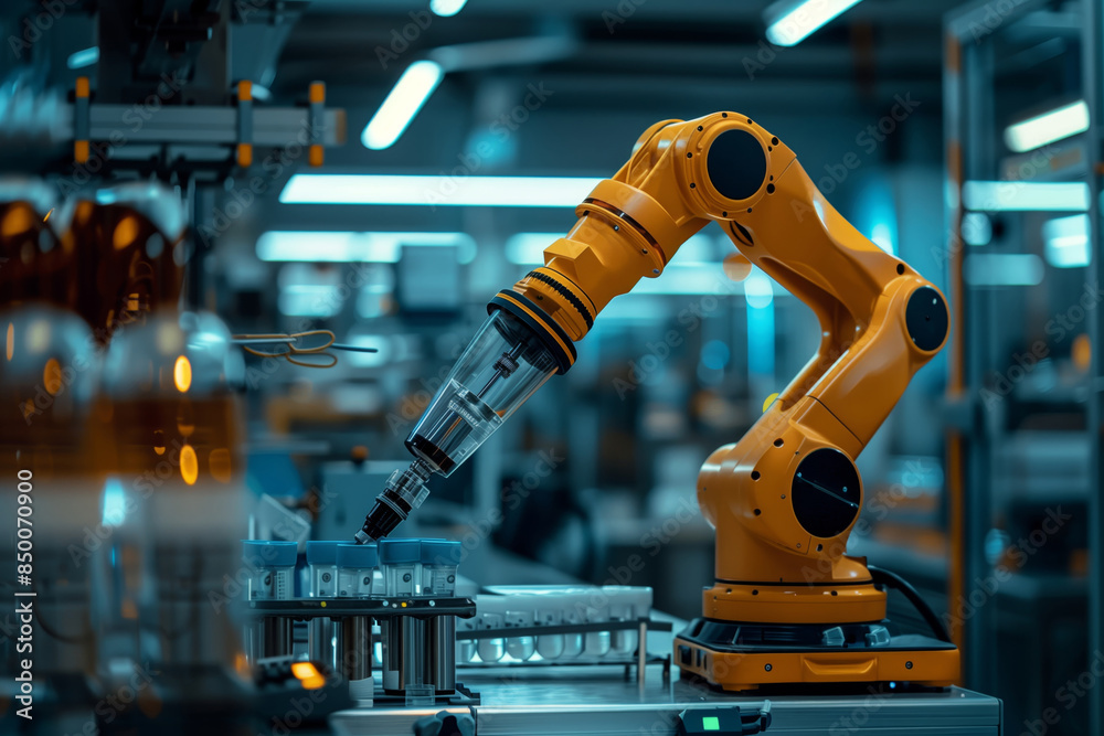 Yellow robotic arm working on a manufacturing assembly line