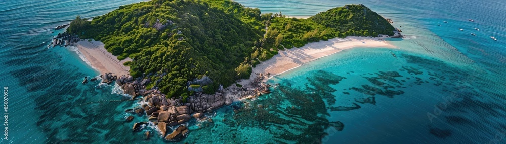 Aerial view of a tropical island with lush greenery, sandy beaches, and crystal-clear ocean water, perfect for travel and nature enthusiasts. Aerial view of a tropical island with lush greenery, sandy beaches, and crystal-clear ocean water, perfect for travel and nature enthusiasts.