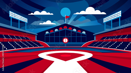 A baseball field, adorned with a magnificent stadium and a mesmerizing cityscape as its backdrop.
