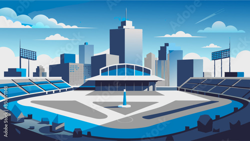 A baseball field, adorned with a magnificent stadium and a mesmerizing cityscape as its backdrop.