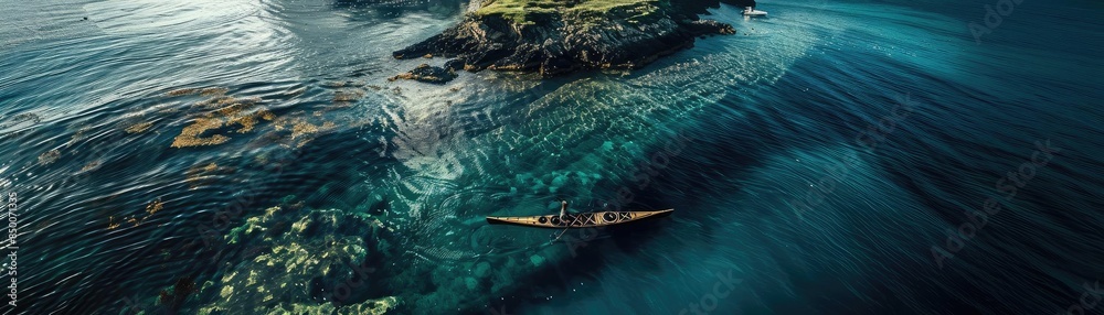 Obraz premium Aerial view of a kayaker paddling near an island in clear blue water, surrounded by the beauty of nature's serene landscapes.