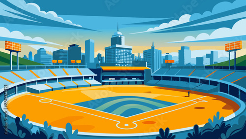 A baseball field, adorned with a magnificent stadium and a mesmerizing cityscape as its backdrop.