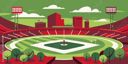 A baseball field, adorned with a magnificent stadium and a mesmerizing cityscape as its backdrop.