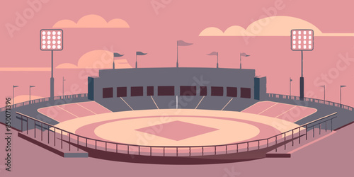 A baseball field, adorned with a magnificent stadium and a mesmerizing cityscape as its backdrop.