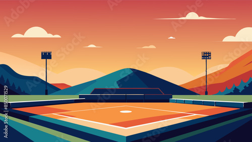 A baseball field, adorned with a magnificent stadium and a mesmerizing cityscape as its backdrop.