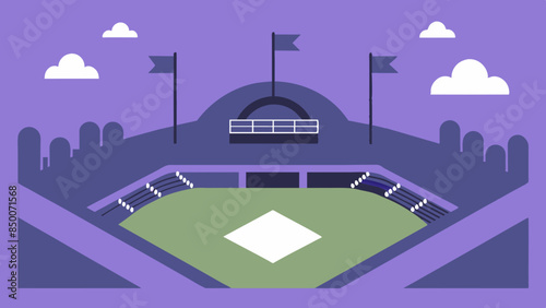 A baseball field, adorned with a magnificent stadium and a mesmerizing cityscape as its backdrop.