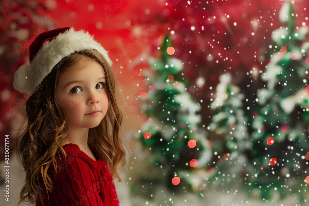 A young girl in a Santa hat and red sweater stands in a snowy, festive wonderland. Her innocent expression captures the magic and excitement of the Christmas season A young girl in a Santa hat and red sweater stands in a snowy, festive wonderland. Her innocent expression captures the magic and excitement of the Christmas season