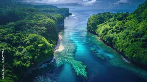 Aerial view of a stunning tropical coastline with lush green cliffs and crystal-clear blue waters, perfect for travel and nature enthusiasts.