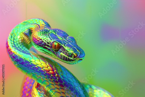 A luxurious banner with a snake. Holographic snake of rainbow color, on a green background with an empty space for design