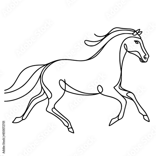 simple outline vector single line drawing of horse in motion with flowing mane and tail, black lines on white background

