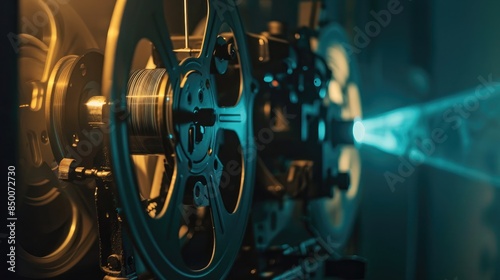 Close-up of a movie projector with film reels spinning in the dark