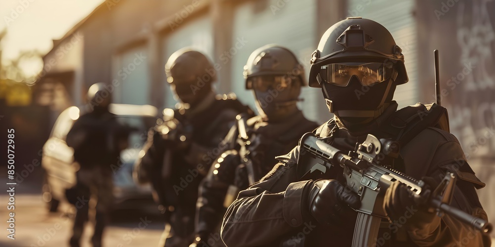 SWAT team captured in action during operation. Concept SWAT Team Operation, Law Enforcement, Covert Operations, Tactical Gear, Hostage Rescue SWAT team captured in action during operation. Concept SWAT Team Operation, Law Enforcement, Covert Operations, Tactical Gear, Hostage Rescue