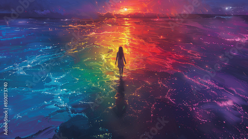 A Woman Standing in Vibrant Spectral Colors on a Sparkling Sea Surface: A Dreamy Aerial Abstraction with Environmental Awareness and Ultra High Definition Pastel Art